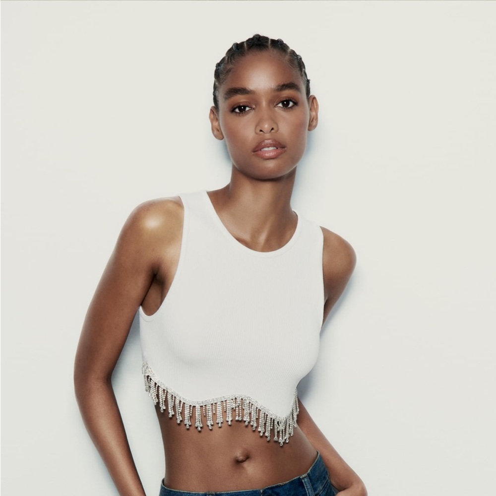 Zara White Cropped Tank Top with Beaded Fringe